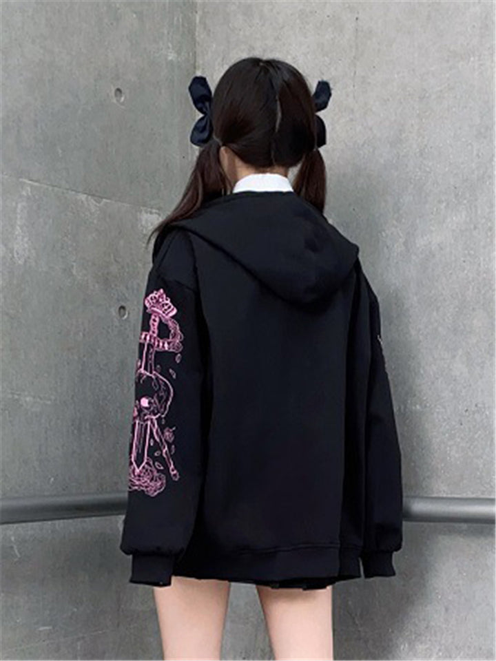 Women Loose Harajuku Gothic Zip Print Vintage Black Hoodie Streetwear-xinru