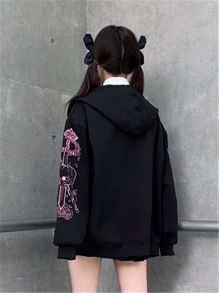 Women Loose Harajuku Gothic Zip Print Vintage Black Hoodie Streetwear-xinru