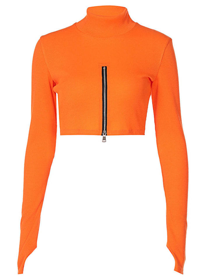 Women High Neck Sexy Zipper Solid Color Crop Tops-xinru