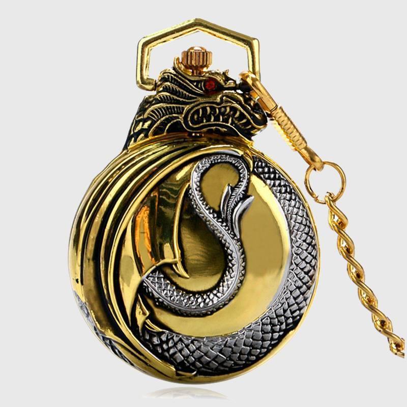 Red Garnet Inset Gold Tone Cover Pocket Watch Luxury Evil Dragon Quartz Clock-xinru