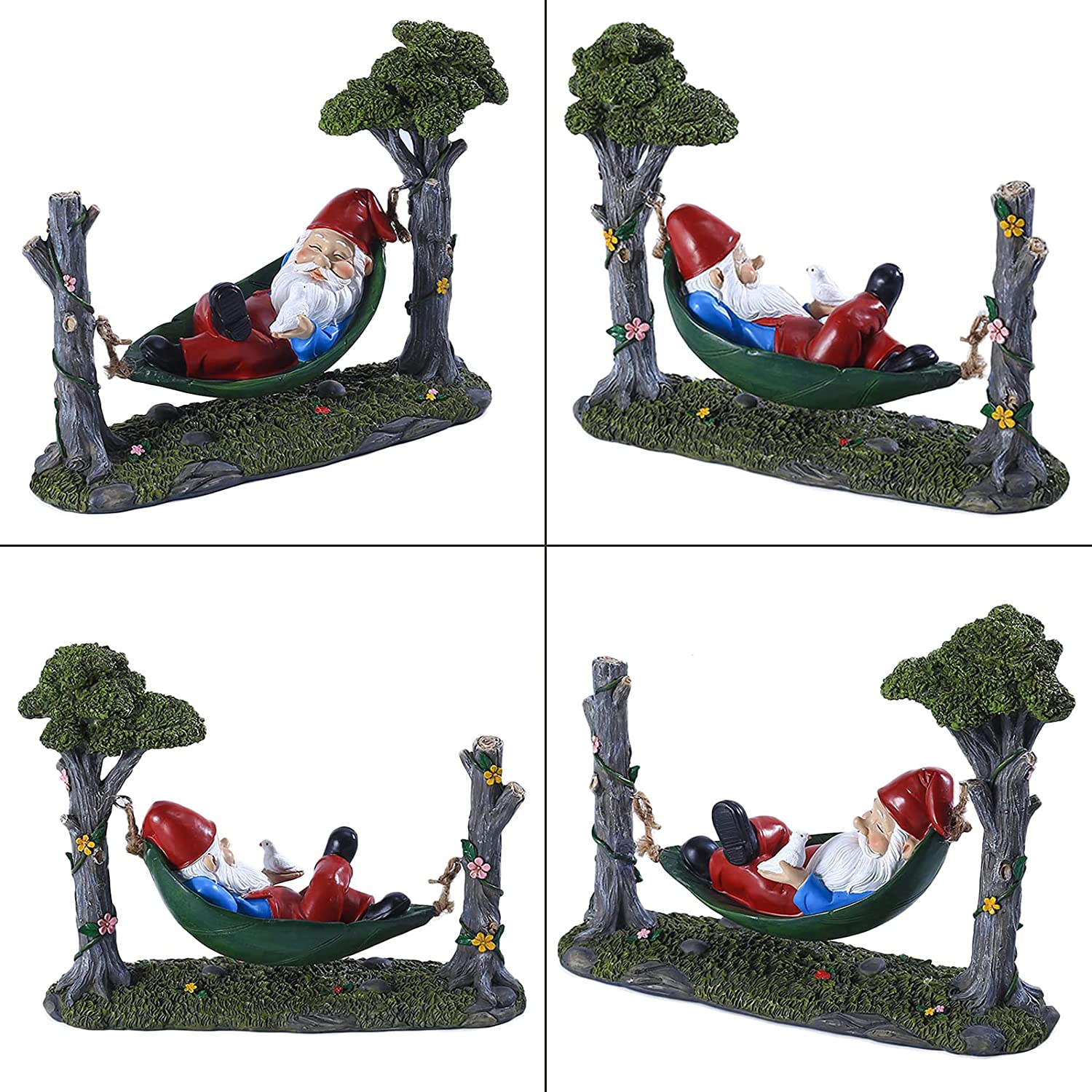Garden Gnome Statue Lying In Hammock Hanging From Tree-xinru