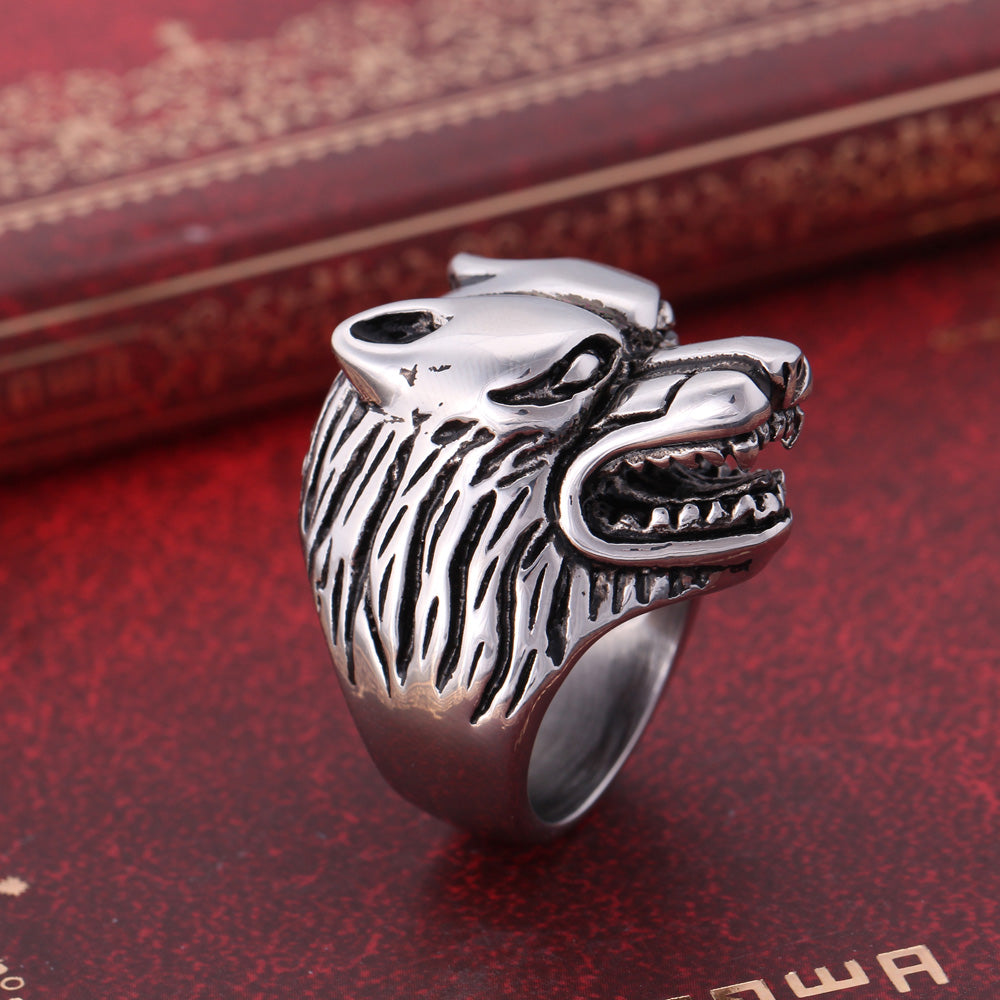 Vintage Silver Wolf Ring Stainless Steel For Men-xinru