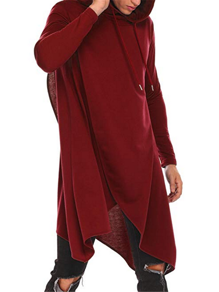 Men Casual Trendy Irregular Hem Design Solid Color Long Hoodies-xinru