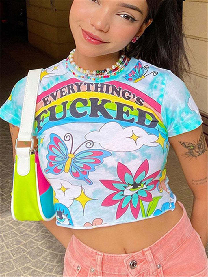 Women Stylish O Neck Rainbow Printed Crop Tops-xinru