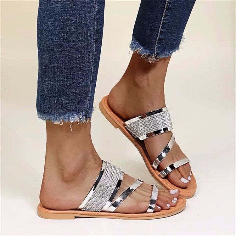 Women Metal reinstone Slide Flat Sandals-xinru