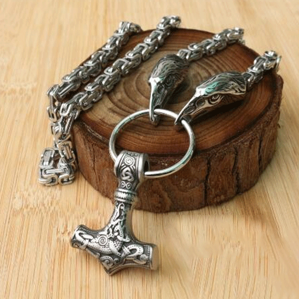 Stainless steel wolf head black king chain with black mjolnir-xinru