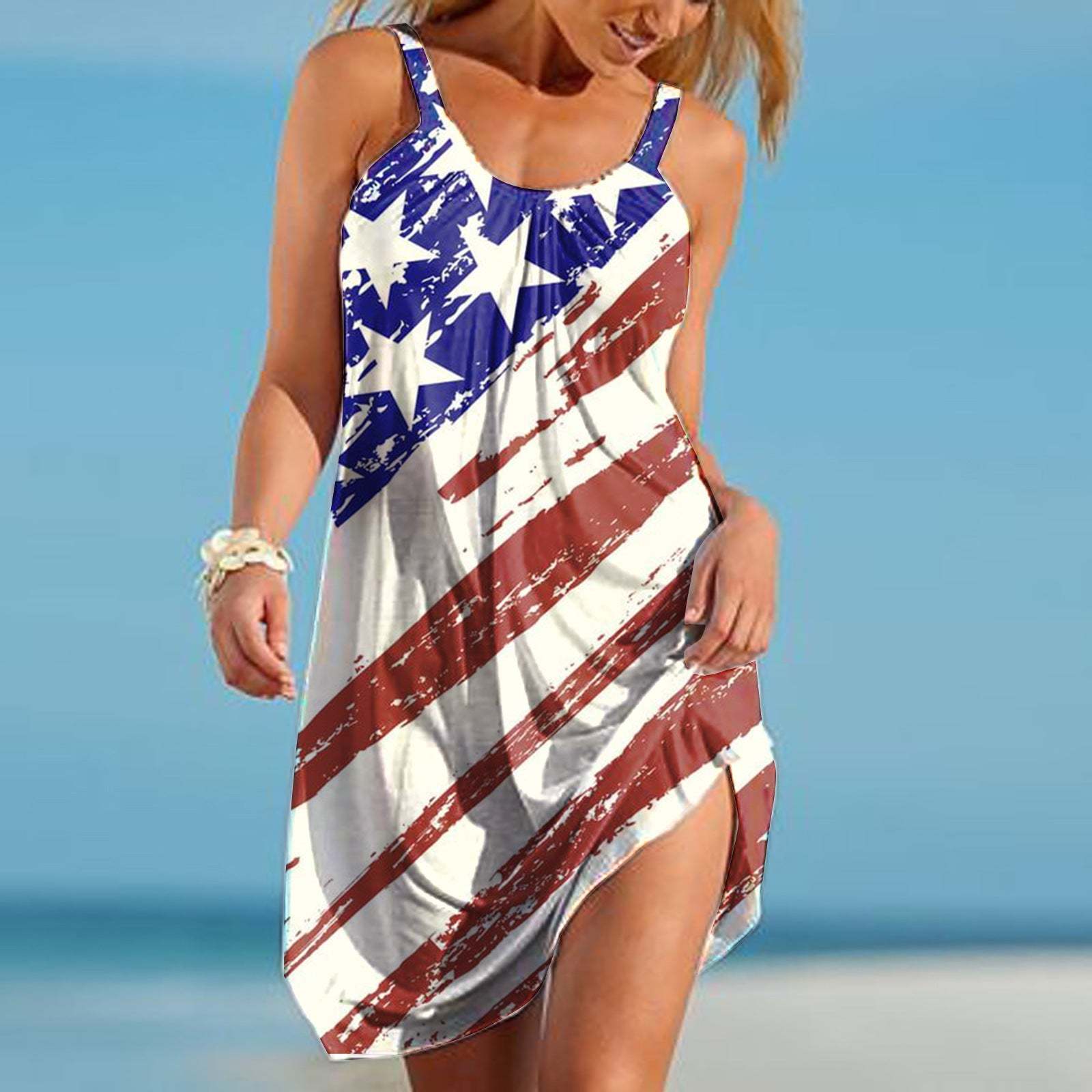 Womens American Flag Print Sundress Ladies Summer Beach Sleeveless Short Dress-xinru