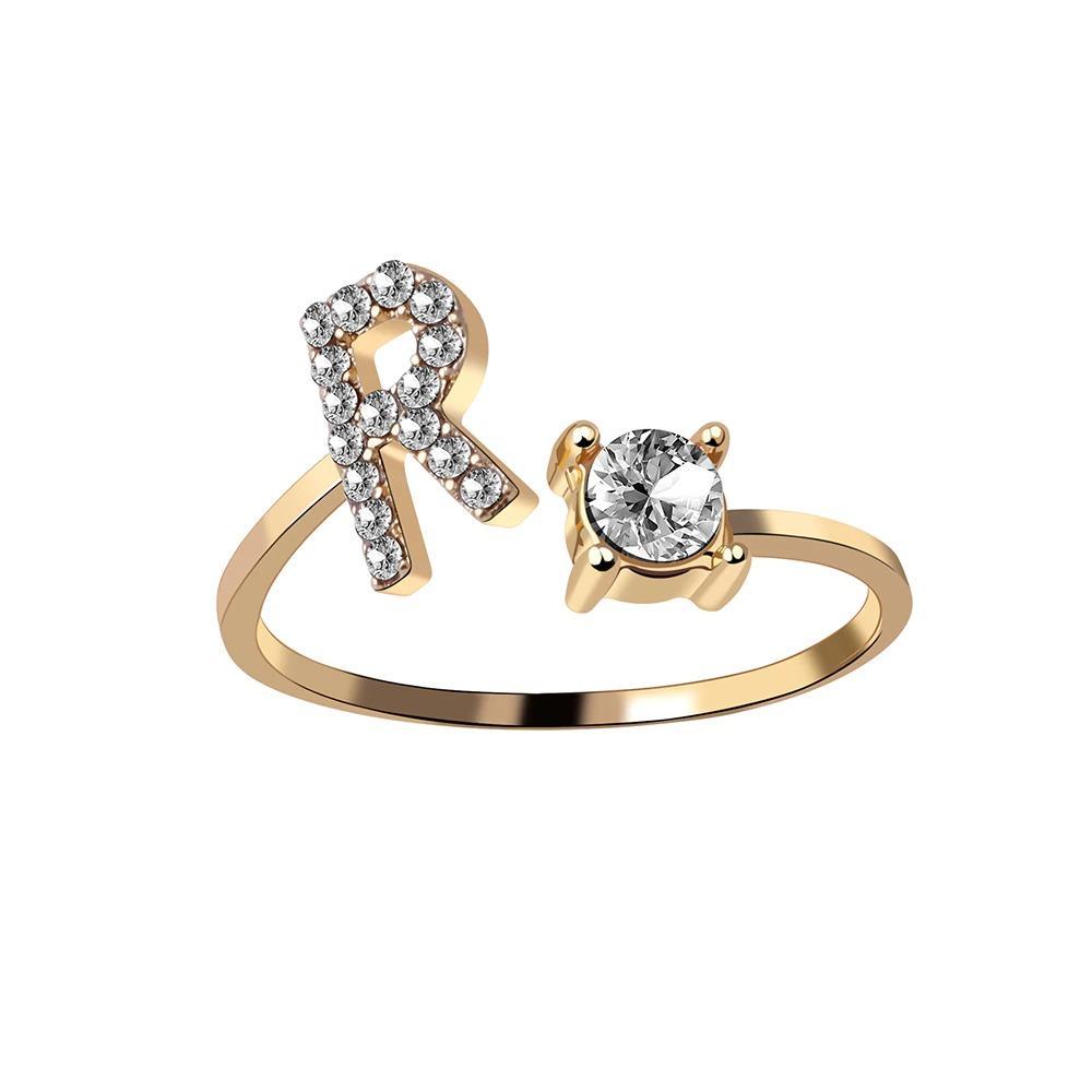 Golden Adjustable A-Z Personalized Initial Letter with Rhinestone Rings-xinru
