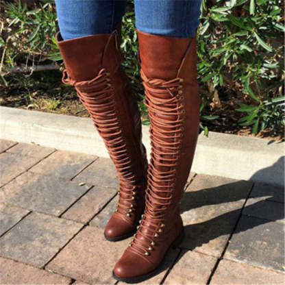 Lace Up Boots Women's Knee High Block Heel Flat Boots-xinru