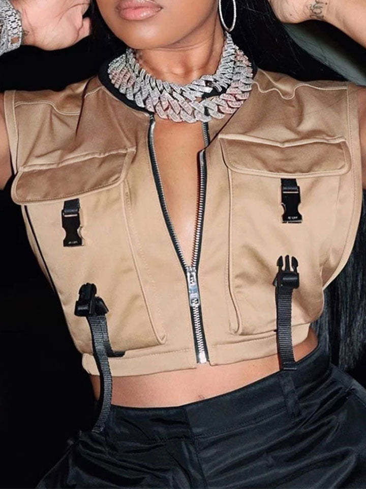 Women Pockets Buckle Zipper Cropped Vest-xinru