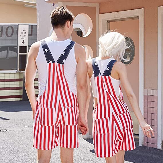 Men Women US American Flag Printed Overalls Shorts Jumpsuit Lover Couple Pants-xinru