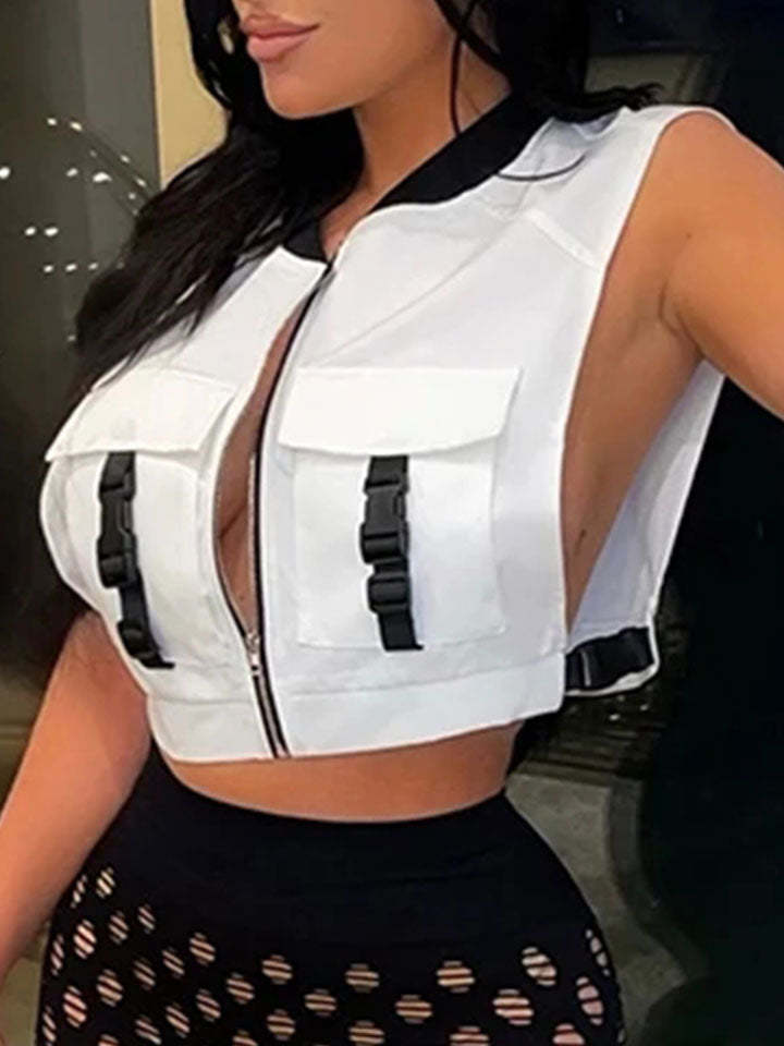 Women Pockets Buckle Zipper Cropped Vest-xinru