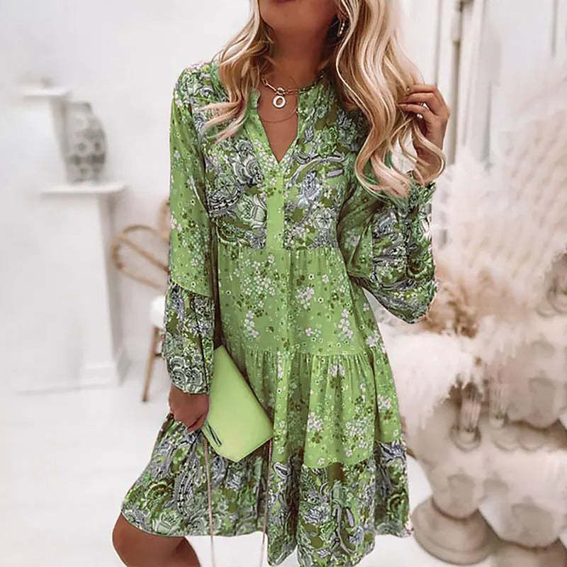 Women's Dress Long Sleeves Floral Gathered Ruffle Print V Neck Casual Boho Flare-xinru