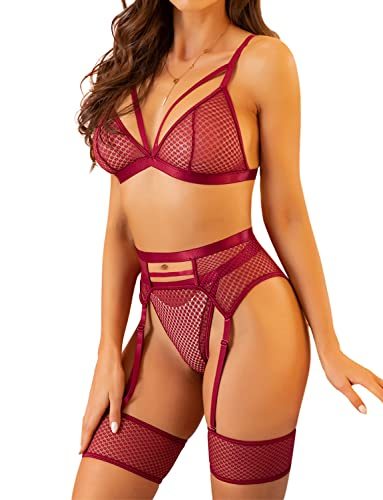 Women's 4 Pieces Exotic Lingerie Set Strappy Fishnet Lingerie Lace Bra and Panty Sets High Waisted Mesh Underwear-xinru shop