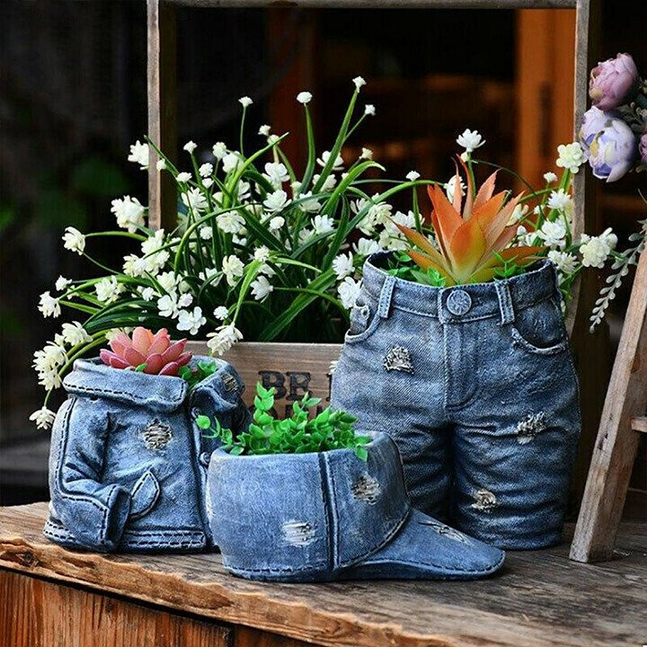 Denim Clothes Pants Resin Flower Pot Statue Retro Garden Ornament-xinru