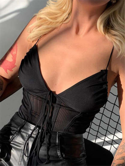 Women's Sexy V Neck Backless Lace-up Tank Tops-xinru