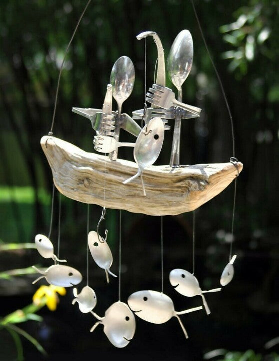 Fishing Man Spoon Fish Sculptures Wind Chime Indoor Outdoor Hanging-xinru