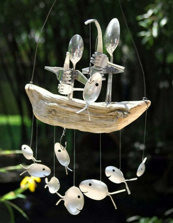 Fishing Man Spoon Fish Sculptures Wind Chime Indoor Outdoor Hanging-xinru
