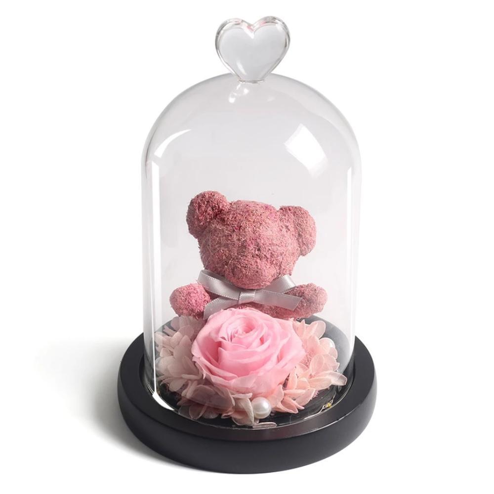 Immortal Preserved Rose Teddy Bear Glass LED Display-xinru