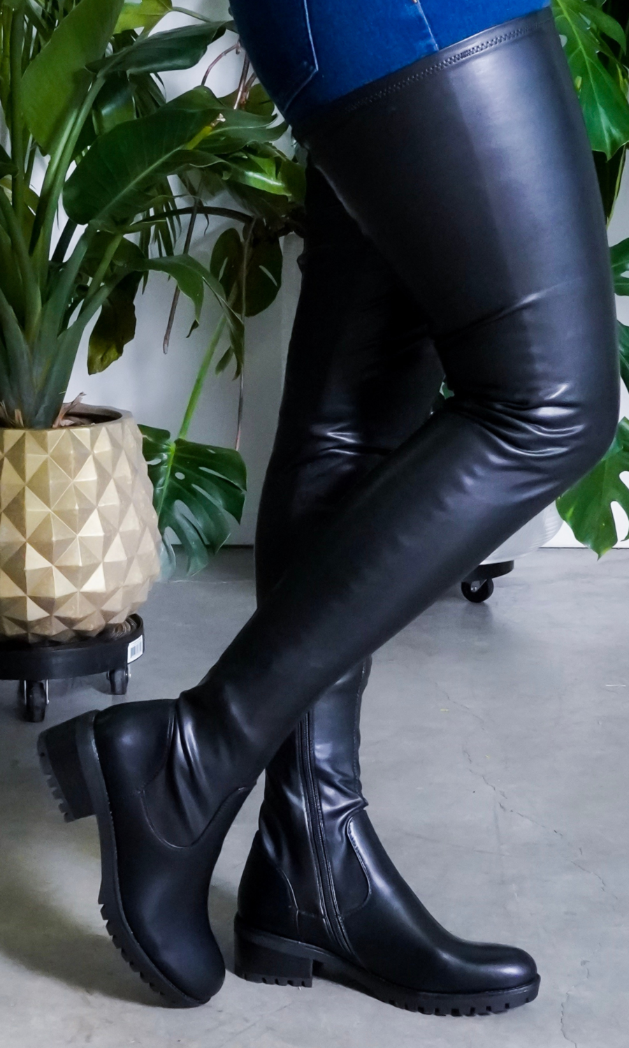 Long Black Leather Boots Thigh High Flat Stretch Boot-xinru