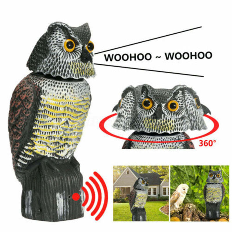 Realistic Owl Decoy Bird Scarer Rotating Head w/ Sound Prowler Repellent Pest-xinru