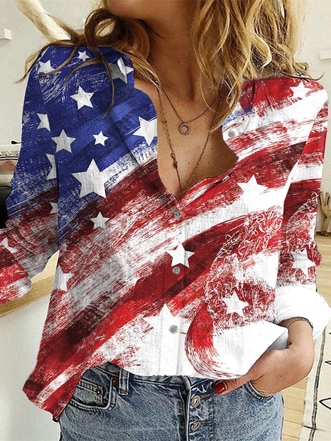Women Independence Day Clothing Fashion Long Sleeve Printed Shirt-xinru