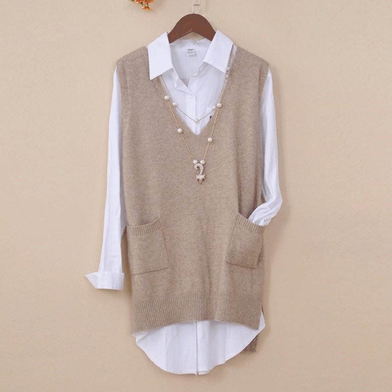 Mid-length Loose Sweater Vest Wool Bottom shirt V-neck Waistcoat-xinru