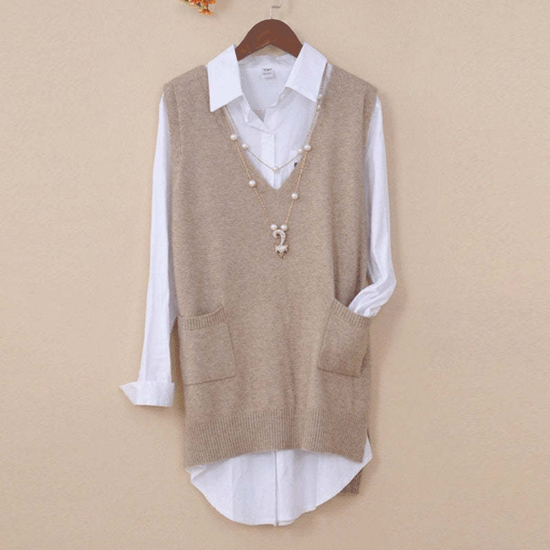 Mid-length Loose Sweater Vest Wool Bottom shirt V-neck Waistcoat-xinru