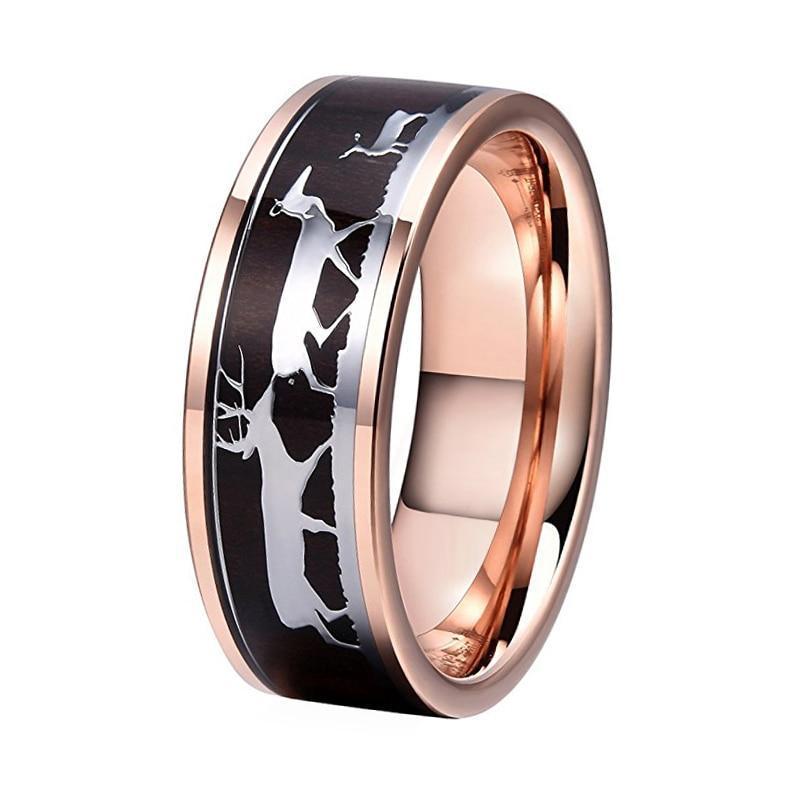 Christmas Deer Family Dark Wood Rose Gold Tungsten Unisex Ring-xinru