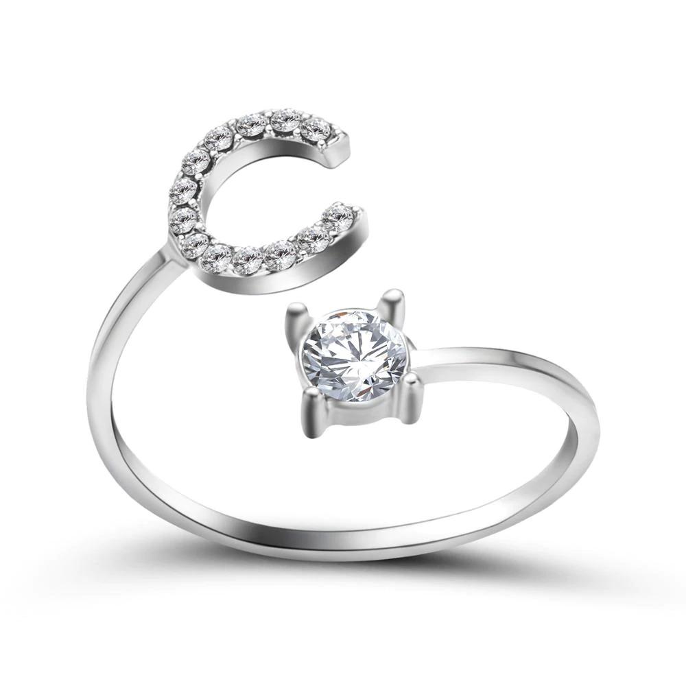 Adjustable A-Z Initial Letter With Rhinestone Personalized Ring-xinru