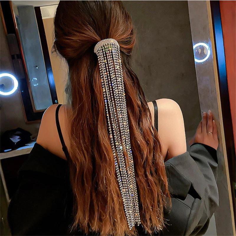 Gleaming Multi-strand Rhinestone Ponytail Long Tassel Hair Clip-xinru