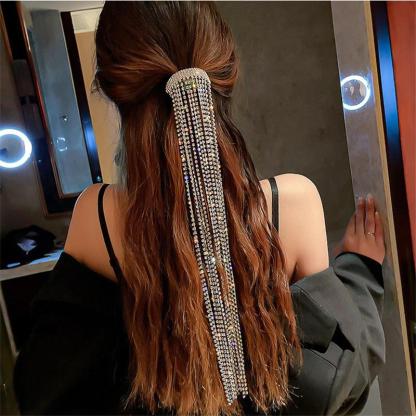 Gleaming Multi-strand Rhinestone Ponytail Long Tassel Hair Clip-xinru