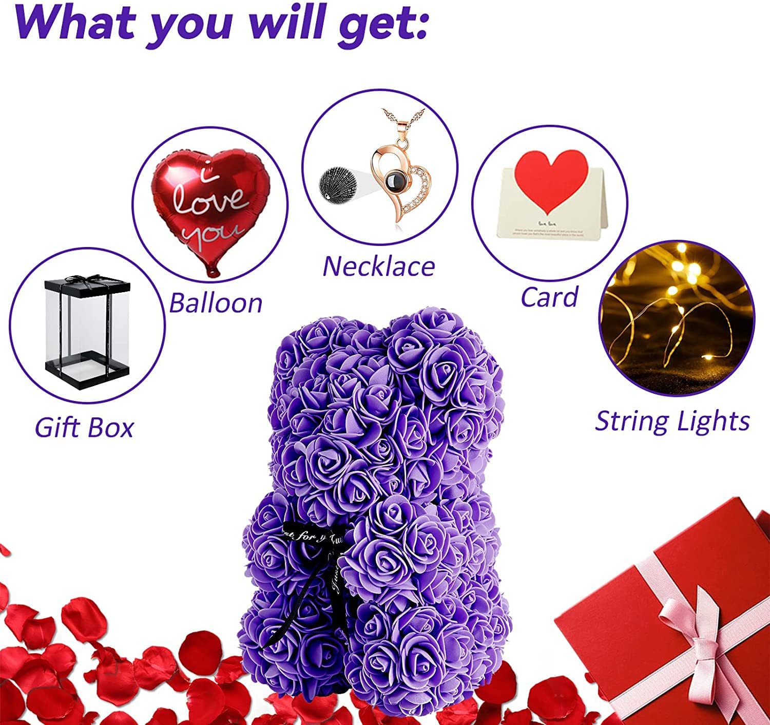 Mother's Day Gift Rose Bear With Light String Necklace Balloon Card Box-xinru