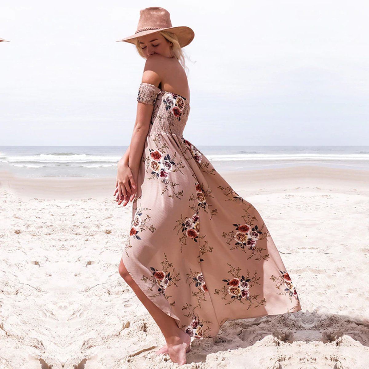 Off Shoulder Beach Floral Summer Dress-xinru