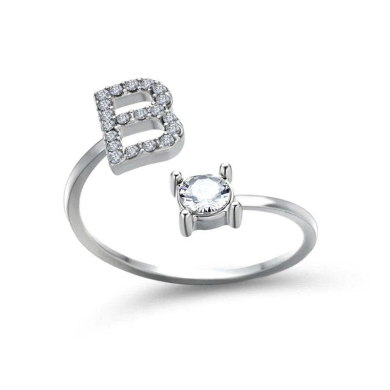 Golden Adjustable A-Z Personalized Initial Letter with Rhinestone Rings-xinru