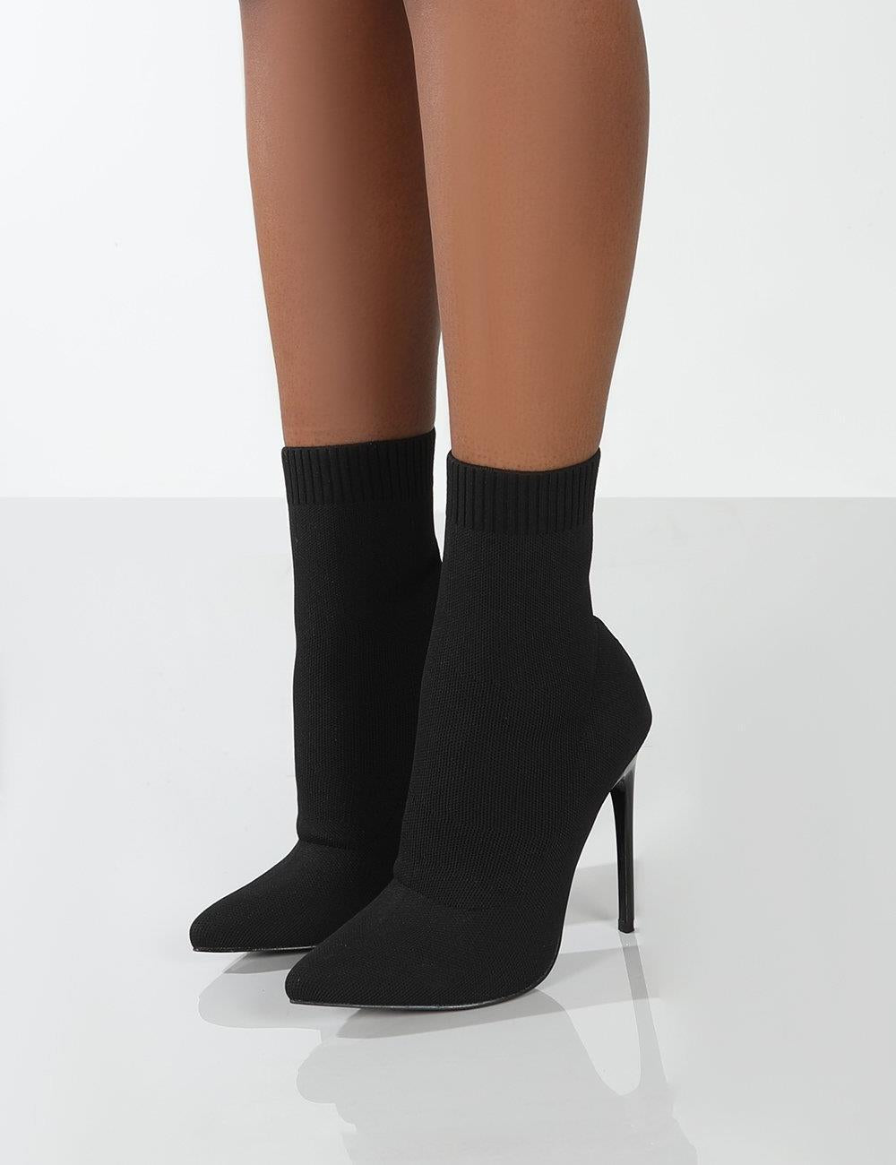 Pointy Toe High Heel Knit Stiletto Low Tube Ankle Martin Boots-xinru