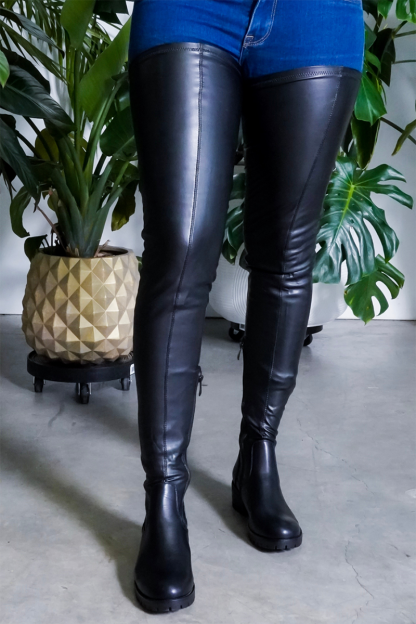 Long Black Leather Boots Thigh High Flat Stretch Boot-xinru
