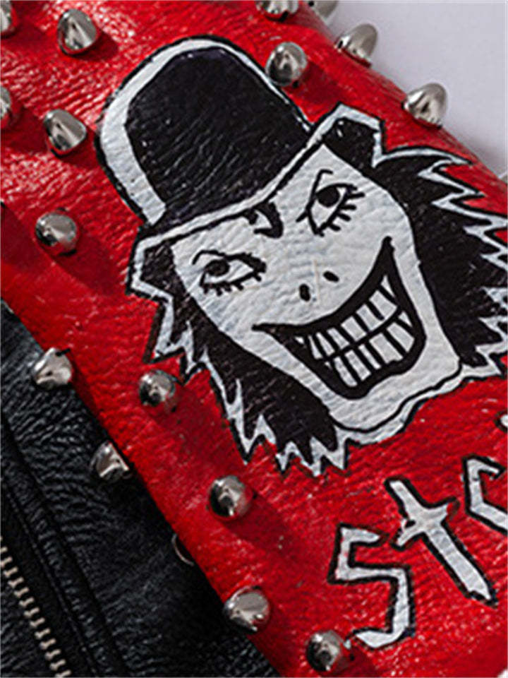 Women Street Style Graffiti Spiked Leather Jacket-xinru