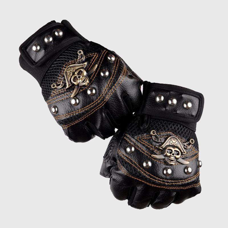 Teampunk Pirate Gloves PU Leather Gothic  Unisex Skull Rivet Gloves-xinru