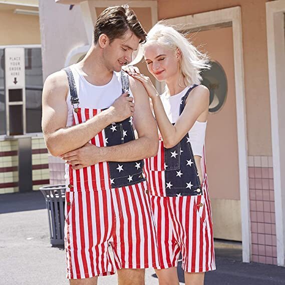 Men Women US American Flag Printed Overalls Shorts Jumpsuit Lover Couple Pants-xinru