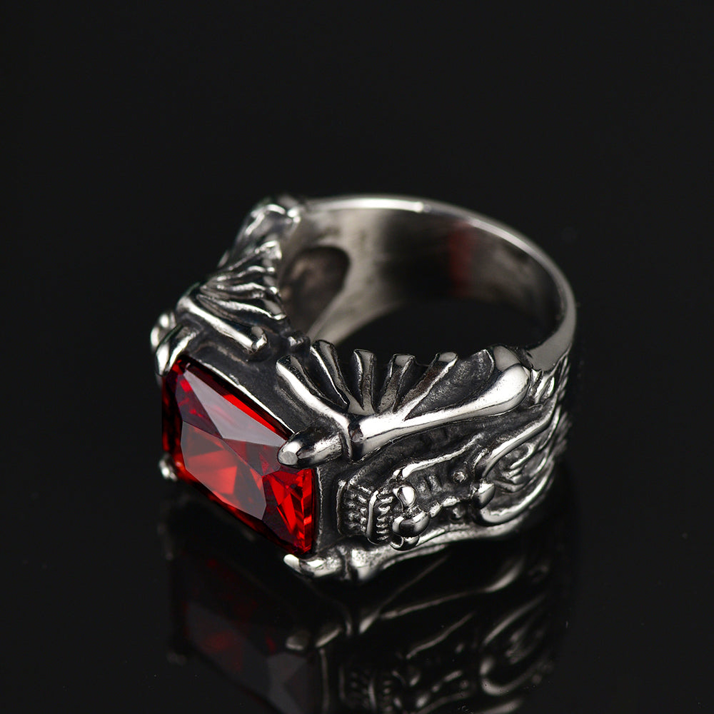 Gothic Stainless Steel Dragon Crystal Ruby Ring For Men-xinru