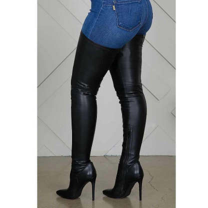Thigh High Boots Stiletto Heels Plus Size Stretch PU Leather Boot-xinru