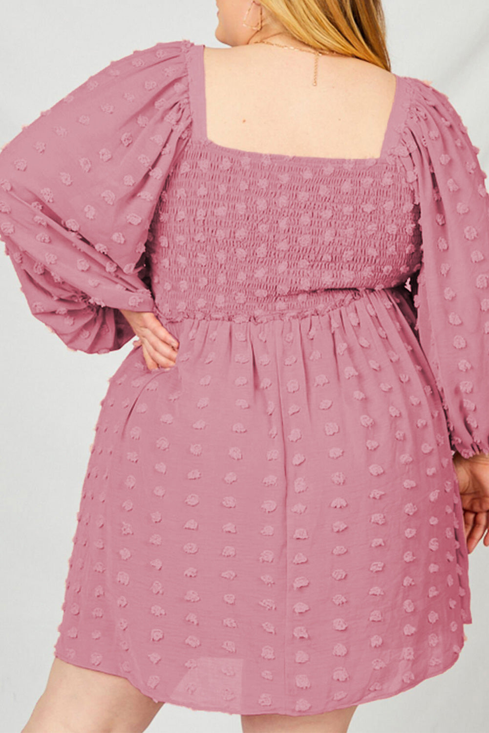 Pink Swiss Dot Smocked Puff Sleeve Plus Size Dress-xinru