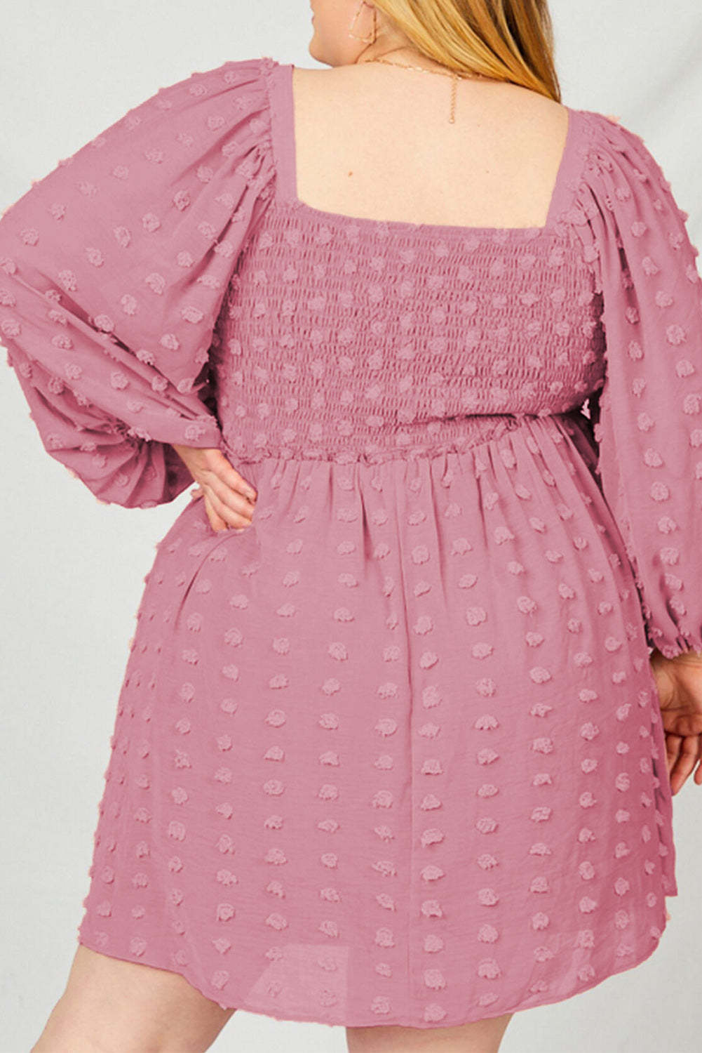 Pink Swiss Dot Smocked Puff Sleeve Plus Size Dress-xinru