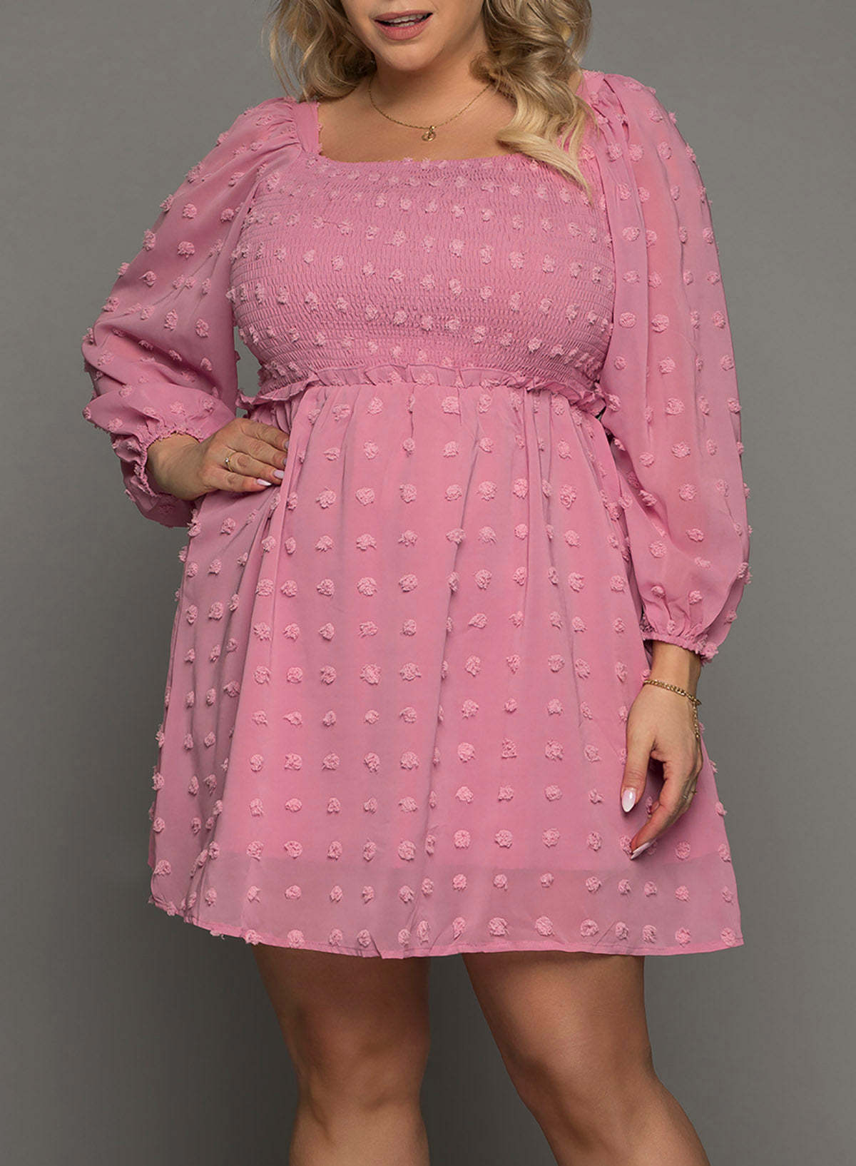 Pink Swiss Dot Smocked Puff Sleeve Plus Size Dress-xinru