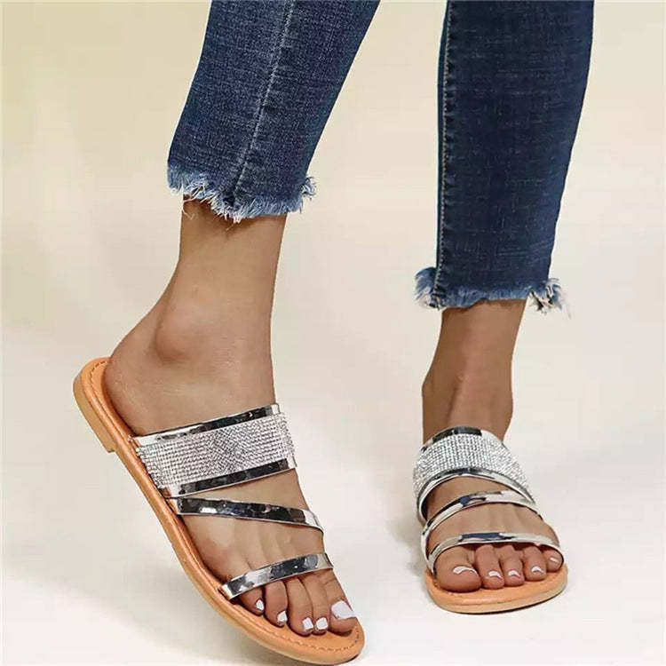 Women Metal reinstone Slide Flat Sandals-xinru