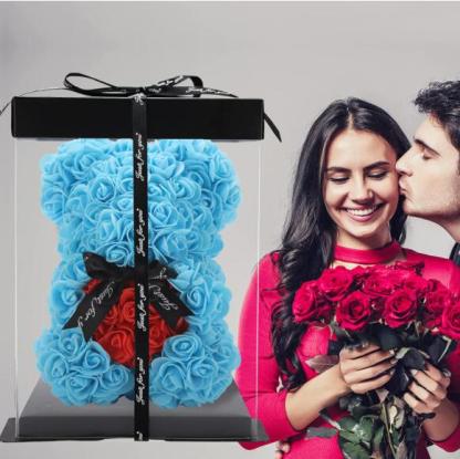 Mother's Day Gift Artificial Rose Teddy Bear Flower Bear With Box String Lights-xinru