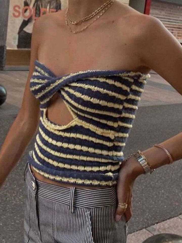 Women's Strapless Knitted Crop Top Hollow Out Backless Sexy Tank Tops-xinru