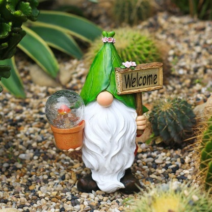 Garden Gnomes Statue With Solar Lights Figurines Holding Welcome Sign-xinru