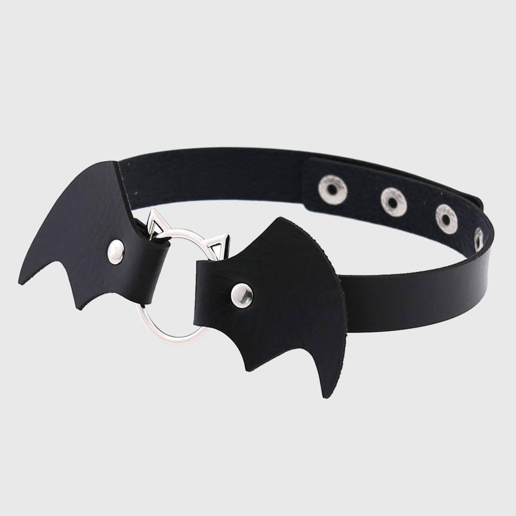 Women Heart Rivet Bat Wings Black Leather Choker Collar Necklace Party-xinru